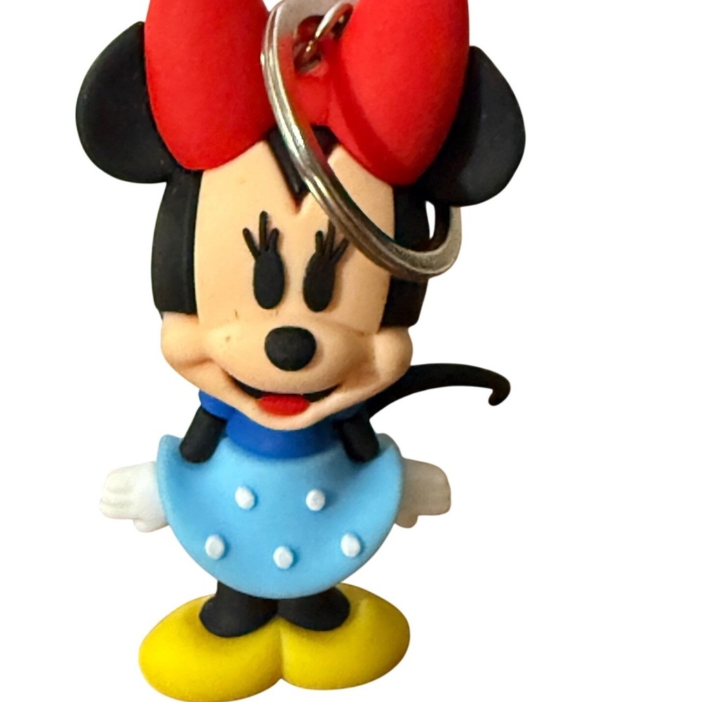 Disney Minnie Mouse Keychain Red Bow Blue Polka Dot Dress 3D Rubber Figure